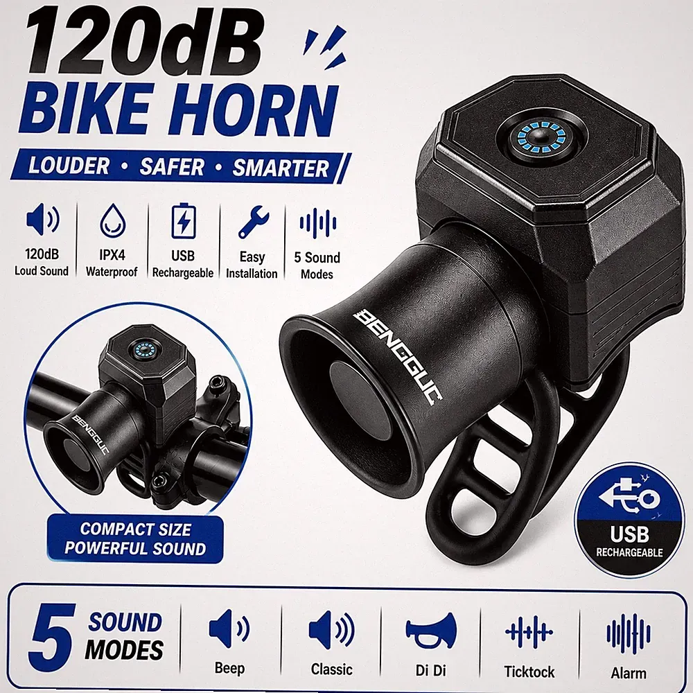 120dB Electronic Bike Horn USB Rechargeable Waterproof Bicycle Bell 5 Sound Mode
