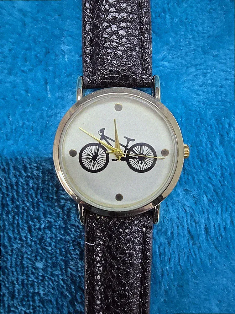 Gold finish Black bicycle Fashion Leather band casual watch Mountain Bike BMX